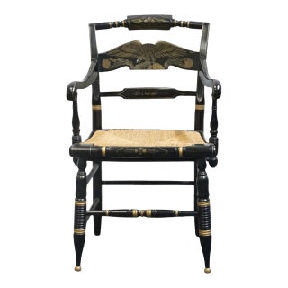 Ethan Allen Hand Decorated Collection Black & Gold Hitchcock Style Arm Chair W. Rush Seat 14-6110a For Sale