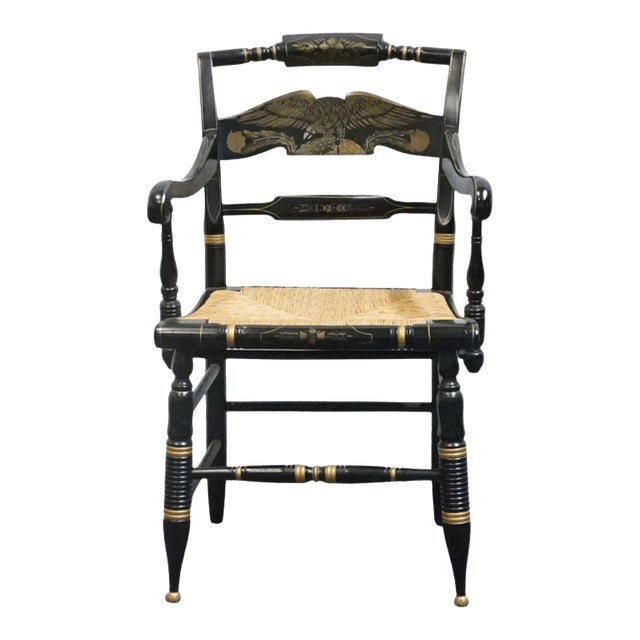 Ethan Allen Hand Decorated Collection Black & Gold Hitchcock Style Arm Chair W. Rush Seat 14-6110a For Sale