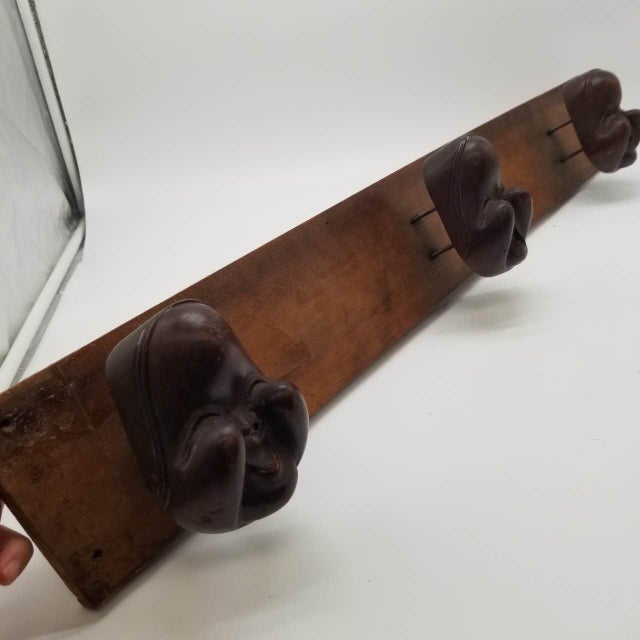 Brown Hand-Carved Japanese Vintage Ofuku & Noh-Style Mask Trio on Wooden Panel – Signed For Sale - Image 8 of 17