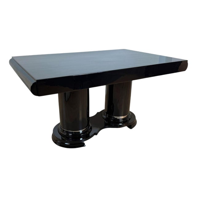 Art Deco Dining Table in Black Piano Lacquer and Metal, 1930 For Sale