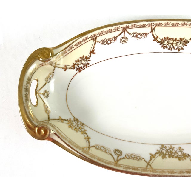 Art Nouveau Antique Nippon-Hand Painted Gold-Relish/Cracker,sandwich Narrow, Oval Porcelain Platter For Sale - Image 3 of 5