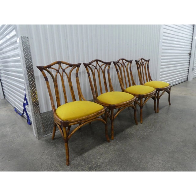 Chinese 1970s Chinese Chippendale Cathedral Back Leather Wrapped Rattan Dining Chairs - Set of 4 For Sale - Image 3 of 10