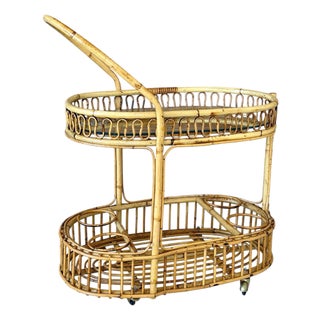 Mid-Century Italian Rattan and Bamboo Bar Cart in the Manner of Franco Albini For Sale