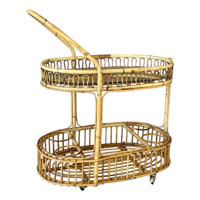 Mid-Century Italian Rattan and Bamboo Bar Cart in the Manner of Franco Albini For Sale