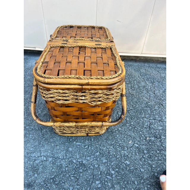Wood 1970s Vintage Scorched Bamboo and Woven Wood Picnic Basket For Sale - Image 7 of 8