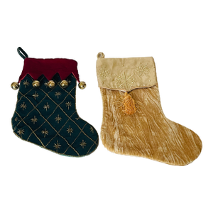 1970s Two Christmas Stockings Embroidered Velvet With Giggle Bells