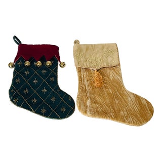 1970s Two Christmas Stockings Embroidered With Gingle Bells For Sale