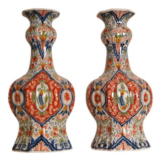 Delft Vases Polychrome Knob Vases Vintage Delftware Ceramic a Pair For Sale