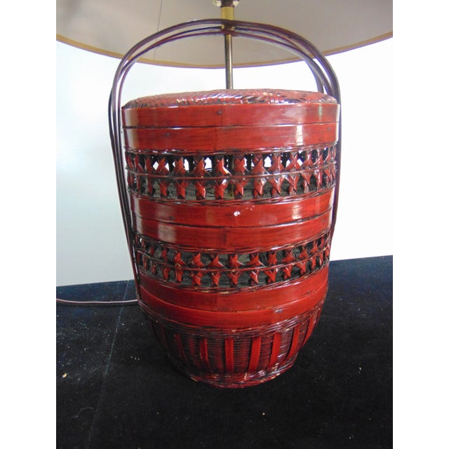 Chinese Red Lacquered Stacked Basket Form Lamp For Sale - Image 4 of 6