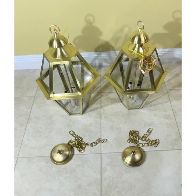 Pair of Six Sides Solid Brass Handcrafted Hanging Lanterns For Sale - Image 10 of 11