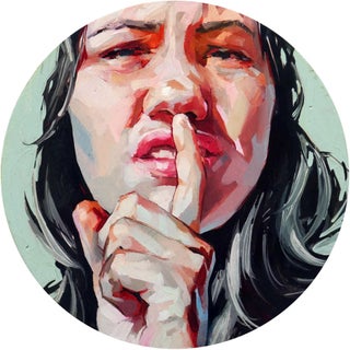 Captured Moment 4 by Ale Casanova | Oil on panel Portrait of a woman making a shushing gesture. For Sale