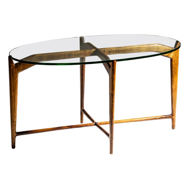 Mid-Century Modern Oval Coffee Table, Walnut Base, Glass Top, Italy For Sale In New York - Image 6 of 15