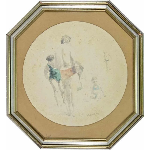 Sigfrido Oliva, At the Beach, Pencil and Watercolor, 1980s, Framed For Sale - Image 4 of 4