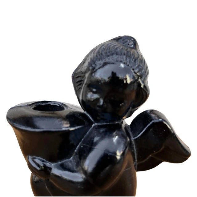 Black Candlestick Figurine of an Angel Made of Hyalite Glass, Libochovice, Czechoslovakia, 1960s. For Sale - Image 8 of 9