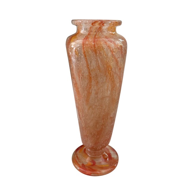 A fine French Schneider art glass vase circa 1920. The squared vase on a disk base was blown with cascading internal...