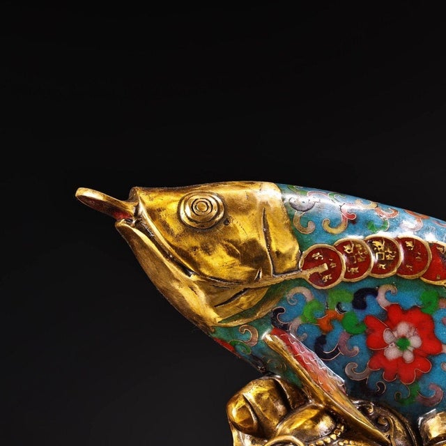 Metal Late 19th Century Pair of Cloisonné Enamel Gilt Bronze Fish Figures, 5800g Total, Qianlong Mark For Sale - Image 7 of 10