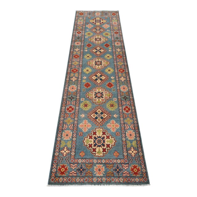 Kazak Runner 2’8” X 9’8” Blue Wool Tribal Hand-Knotted Oriental Rug For Sale