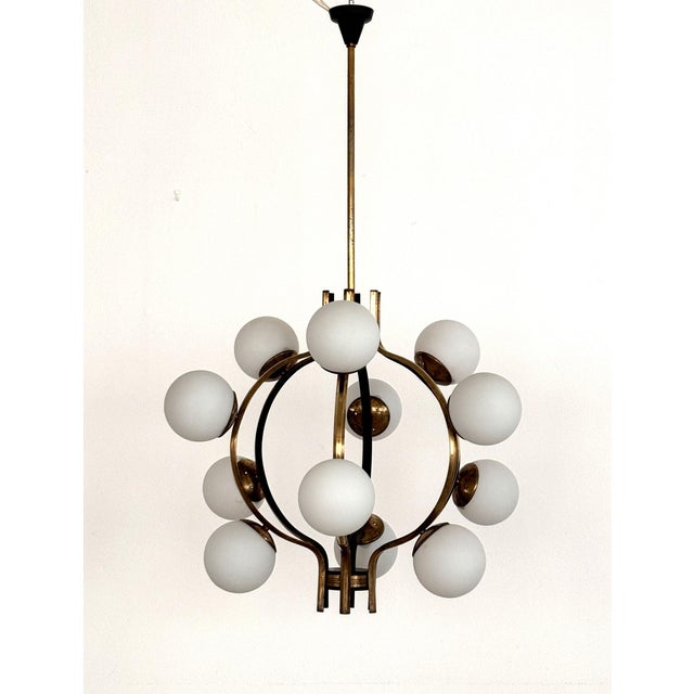 Mid-Century Italian Brass and Opaline Glass Chandelier from Stilnovo, 1950s For Sale - Image 13 of 18