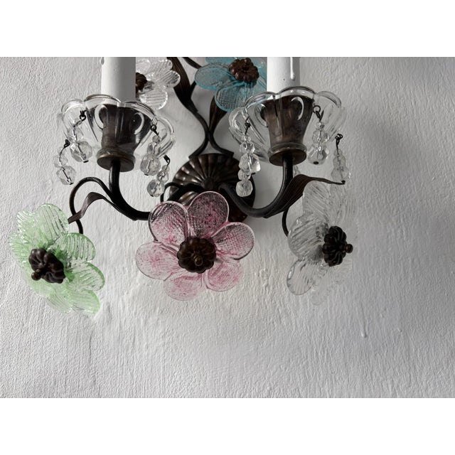Blue Italian Long Pastel Murano Glass Flowers Dark Bronze Sconces, Circa 1930 For Sale - Image 8 of 13