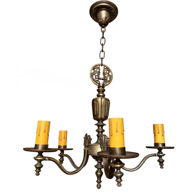 Brass Vintage Five Light Pewter Patina Chandelier With Dragon Scrollwork For Sale - Image 8 of 9