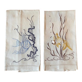 Vintage Pair of Hand Embroidered Linen Tip Towels, Fish Motif For Sale