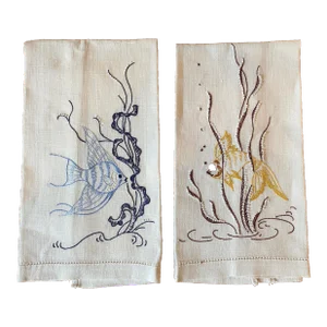 Vintage Pair of Hand Embroidered Linen Tip Towels, Fish Motif