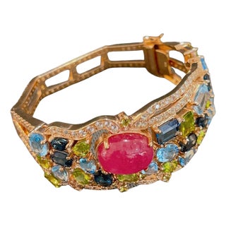 Bochic "Capri" Vintage London Topaz, Ruby & Peridot Bangle -18K Gold & Silver For Sale