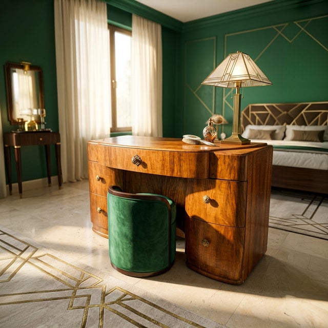 Art Deco Walnut Desk in Streamline Style, 1935, 1920s For Sale - Image 6 of 13