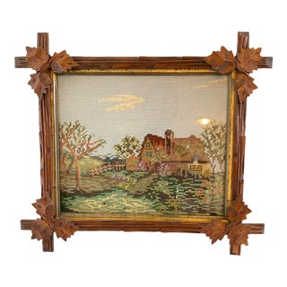 Vintage Needlepoint in Carved Wood Frame For Sale