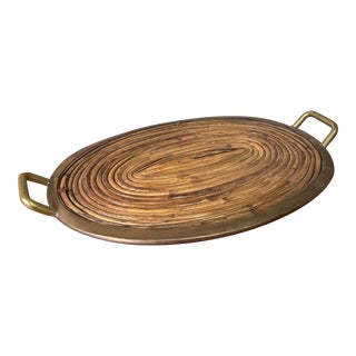 1970s Gabriella Crespi Style Split Reed and Brass Tray For Sale