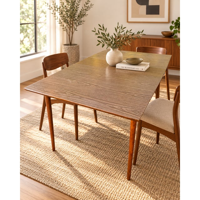 Classic vintage Mid-Century Modern dining table featuring a durable Formica/laminate top paired with a warm walnut-toned...