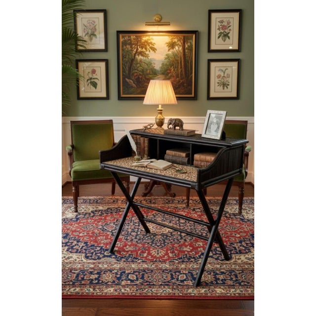 Vintage Customized Espresso Brown Wicker Leopard British Colonial Writing Desk For Sale - Image 11 of 11
