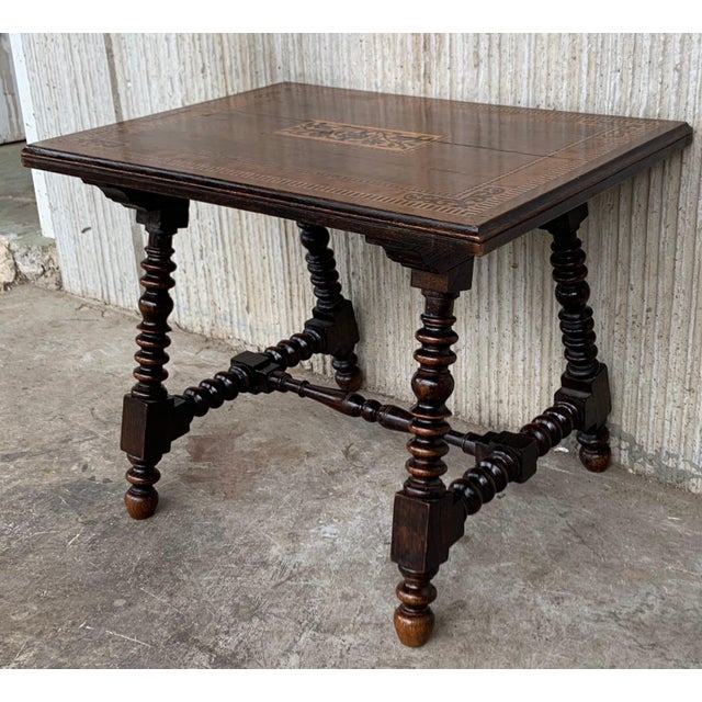 19th Century Baroque Spanish Side Table with Marquetry Top & Turned Legs For Sale - Image 17 of 18