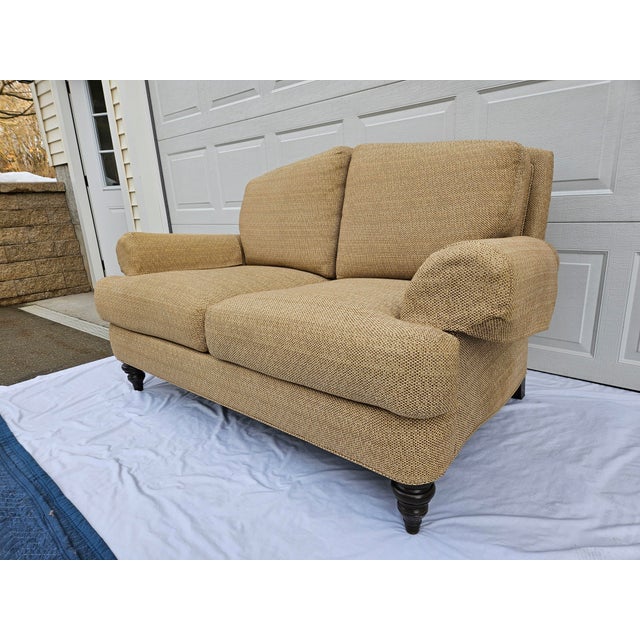 Ethan Allen Ethan Allen Tan Rolled Arm Down Filled Loveseat For Sale - Image 4 of 17