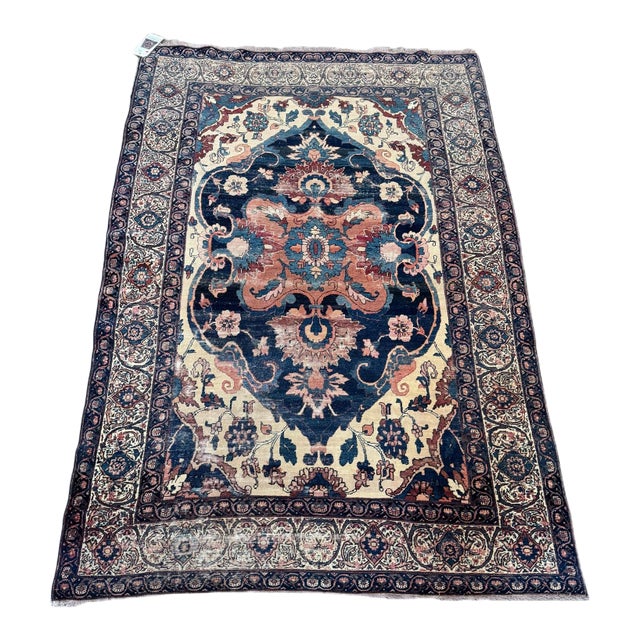Mid 19th Century Kashan Persian Rug With Navy Medallion For Sale