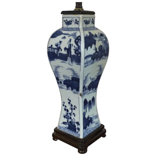 Antique 19th Century Chinese Blue & White Porcelain Vase Decorated With Figures in Landscape Representing the Four Seasons Mounted as a Lamp For Sale - Image 9 of 11