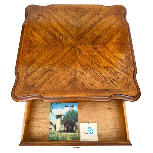 1970 French Provincial Carved Oak End Tables / Low Nightstands by Drexel Heritage - A Pair For Sale - Image 11 of 18