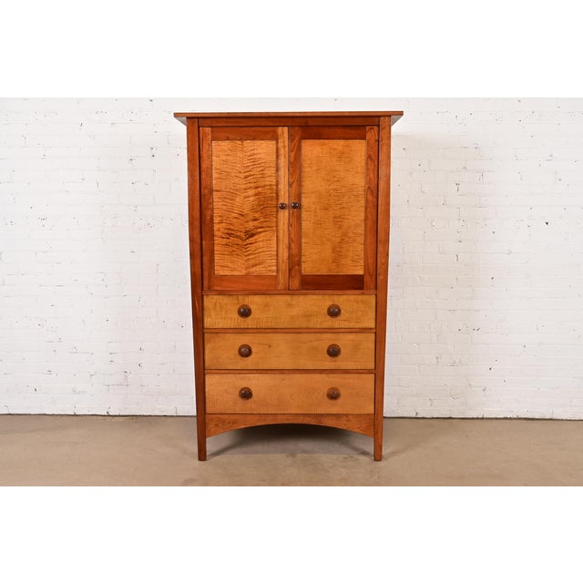 Late 20th Century Stickley Harvey Ellis Collection Mission Arts & Crafts Cherry Wood and Tiger Maple Media Armoire Cabinet For Sale - Image 14 of 14