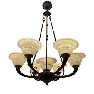 Italian Bronze Murano Glass Shade Chandelier, 1950s For Sale