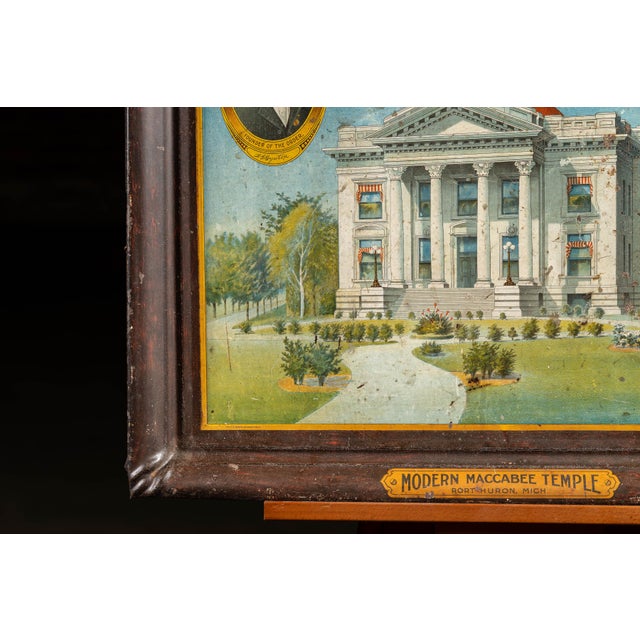 Early 20th Century "Modern Maccabee Temple" Self-Framed Tin Litho Sign For Sale - Image 4 of 8