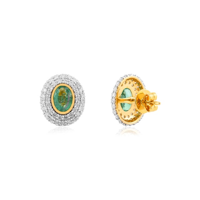 Two Tone 14k Solid Gold Halo Set Diamond Emerald Stud Earrings- A Pair For Sale In New York - Image 6 of 10