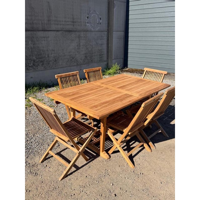 Rectangular Extendable Teak Garden Table and Folding Chairs, Set of 7 For Sale - Image 5 of 10