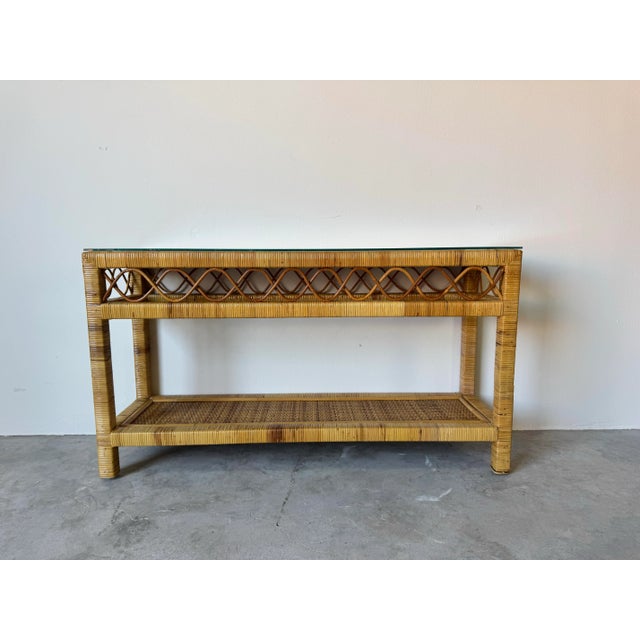 Brown Vintage Coastal Rattan Two-Tier Console Table With Glass Top/Sold For Sale - Image 8 of 12