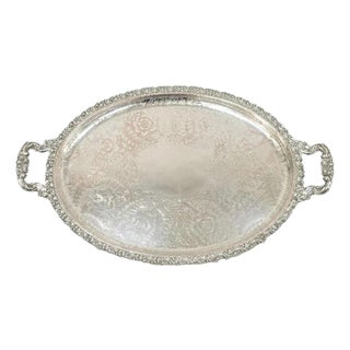 Antique English Victorian Silver Plated Repousse Oval Serving Platter Bar Tray For Sale