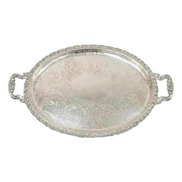 Antique English Victorian Silver Plated Repousse Oval Serving Platter Bar Tray For Sale