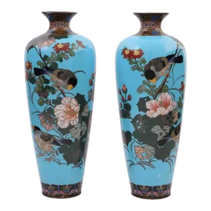 Pair of Large Antique Japanese Cloisonne Enamel Meiji Vases With Birds