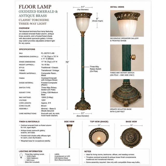 Hollywood Regency Oxidized Emerald & Antique Brass Neoclassical Torchiere Floor Lamp For Sale - Image 3 of 3
