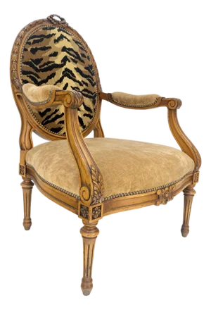 Carved Round Tiger Upholstery Back Camel Mohair Seat French Arm Chair MINT