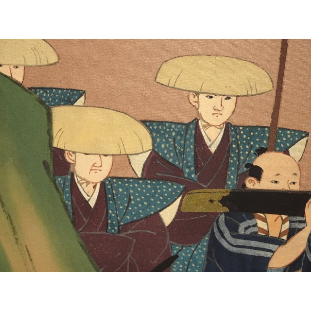 Vintage Japanese Byobu Four Panel Folding Screen Picture Caravan of Men Signed For Sale - Image 13 of 18