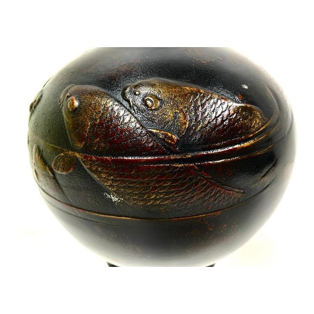 1960s Traditional Japanese Metal Koi Vase on Wood Stand For Sale - Image 9 of 11